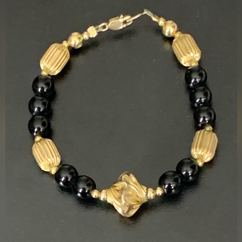 Vintage 14k Gf Gold Filled Black Onyx Beaded Bracelet Sz 8